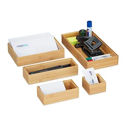 Produktbild: Relaxdays Ordnungsboxen 5er Set, stapelbar, Schubladen Ordnungssystem Bambus, Küche, Bad & Büro, versch. Größen, Natur