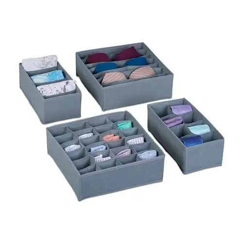 Produktbild: Relaxdays Organizer, 4-teiliges Wäscheorganizer Set, für Kleiderschrank & Schublade, für Unterwäsche, grau, Kunststoff, 11 x 31 x 31 cm