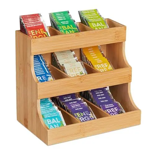 Produktbild: Relaxdays Organizer, 9 Fächer, aus Bambus, HxBxT: 24 x 27 x 17,5 cm, Tee & Kaffeepads, Teeregal vertikal, Natur