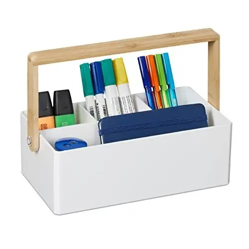 Produktbild: Relaxdays Organizer mit Griff, 4 Fächer, tragbar, Aufbewahrung, Bambus Henkel, Sortierbox, HBT 8,5 x 26 x 16 cm, weiß