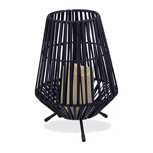 Produktbild: Relaxdays Outdoor Lampe, mit LED Kerze, Rattan-Optik, mit Flammeneffekt, Garten, Balkon & Terrasse, Tischlampe, schwarz
