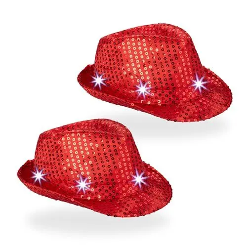 Produktbild: Relaxdays Pailletten Hut 2er Set, mit 6 LEDs, 3 Leuchtmodi, Glitzer, Männer & Frauen, Partyhüte, Silvesterhüte, rot