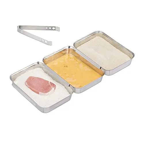 Produktbild: Relaxdays Panierstraße Edelstahl, 3 Schnitzel Panierset Schalen, mit Panierzange, stapelbar, spülmaschinenfest, silber