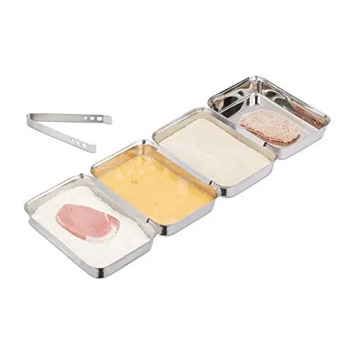 Produktbild: Relaxdays Panierstraße Edelstahl, 4 Schnitzel Panierset Schalen, mit Panierzange, stapelbar, spülmaschinenfest, silber