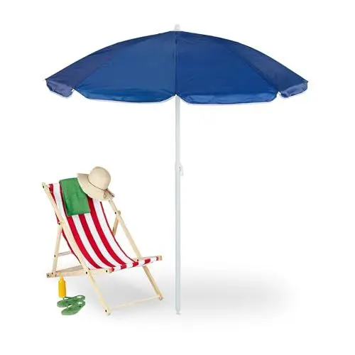 Produktbild: Relaxdays Sonnenschirm, Ø 160 cm, knickbar, höhenverstellbar, UV-Schutz, Strandschirm mit Tasche, Strand & Balkon, blau