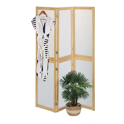Produktbild: Relaxdays Paravent, 3-teilig, Faltbarer Raumtrenner, HxB: 180x136,5 cm, Kunststoff & Bambus, Trennwand innen, Natur/weiß