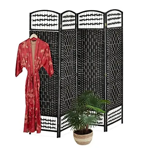 Produktbild: Relaxdays Paravent, 4-teilig, Faltbarer Raumtrenner, HxB 180x180 cm, für innen, freistehende Trennwand, schwarz/Natur