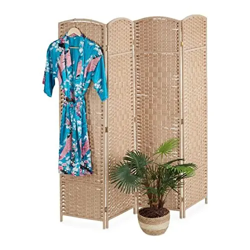 Produktbild: Relaxdays Paravent, 4-teilig, Raumtrenner faltbar, HxB 170x160 cm, Sichtschutz innen, Holz, Papierseil, Trennwand, Natur