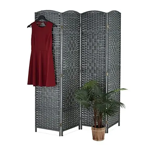 Produktbild: Relaxdays Paravent Raumteiler, HxB: 170x160 cm, Faltbarer Raumtrenner, 4-teiliger Sichtschutz, Holz & Papierseil, grau