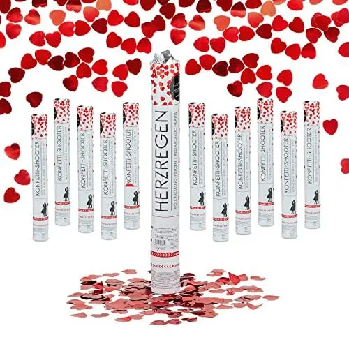 Produktbild: Relaxdays Party Popper, 12er Set, 40 cm, Konfettikanone, Herzen, Konfettishooter, 6-8 m Effekthöhe, Folienkonfetti, rot