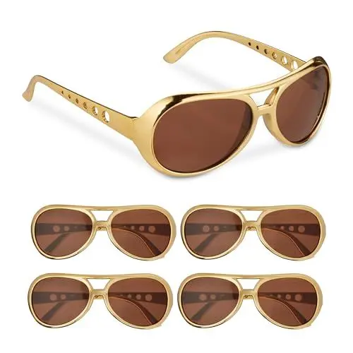 Produktbild: Relaxdays Partybrille 5er Set, Cooler Rapper-Look, Kunststoff, One Size, Kostümbrillen mit getönten Gläsern, Gold/braun