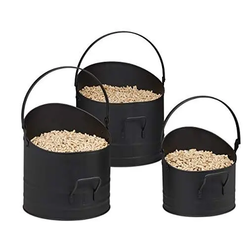 Produktbild: Relaxdays Pelleteimer 3er Set, ∅ je 21, 25 & 30 cm, Griff & klappbarer Henkel, Metall Kohleeimer, Kaminzubehör, schwarz