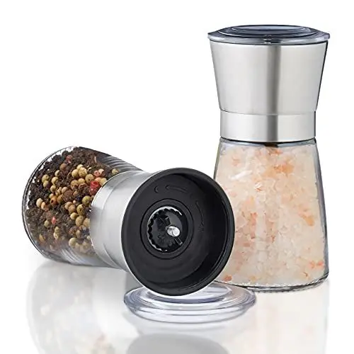 Produktbild: Relaxdays Pfeffermühle 2er Set, manuell, Glas, Edelstahl, hochwertig, Gewürzmühle, verstellbares Keramikmahlwerk, silber, 6,5 x 6,5 x 13 cm