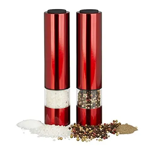 Produktbild: Relaxdays Pfeffermühle Elektrisch, 2er Set, stylisch, mit LED-Licht, Gewürzmühlen, Edelstahl, batteriebetrieben, rot, 5 x 5 x 22 cm ·· 299 g