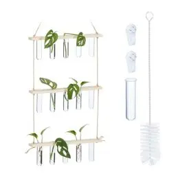 Produktbild: Relaxdays Pflanzen Vermehrungsstation, hängend, Reagenzglasvasen mit Holzregal, Hydrokultur, 3 Ebenen, Natur/transparent