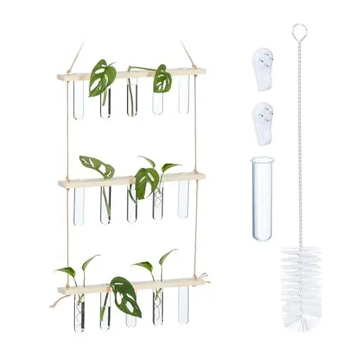 Produktbild: Relaxdays Pflanzen Vermehrungsstation, hängend, Reagenzglasvasen mit Holzregal, Hydrokultur, 3 Ebenen, Natur/transparent