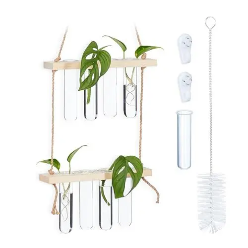 Produktbild: Relaxdays Pflanzen Vermehrungsstation, hängend, Reagenzglasvasen mit Holzregal, Hydrokultur, Natur/transparent, 2 Ebenen