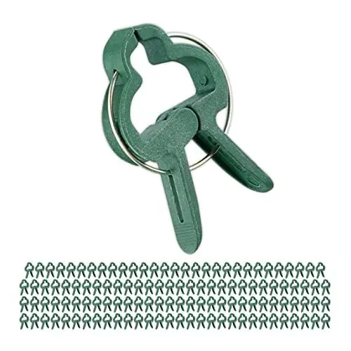Produktbild: Relaxdays Pflanzenclips, 120 Stück, Pflanzenklammern klein, 3 x 4 cm, Klammern für Tomatenpflanzen, Gartenclips, grün, Kunststoff, Eisen, 0,5 x 3 x 4 cm