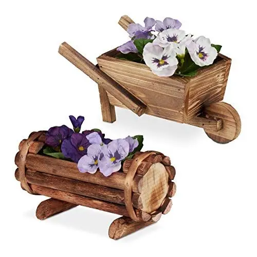 Produktbild: Relaxdays Pflanzengefäß Holz, 2 Stück, Pflanzschubkarre & halbes Blumenfass, Gartendeko, zum Bepflanzen, rustikal, Natur