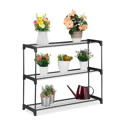 Produktbild: Relaxdays Pflanzenregal, 3 Ablagen, für Blumen-& Pflanzentöpfe, Indoor, Metall & Kunststoff, HBT: 72x91x28 cm, schwarz