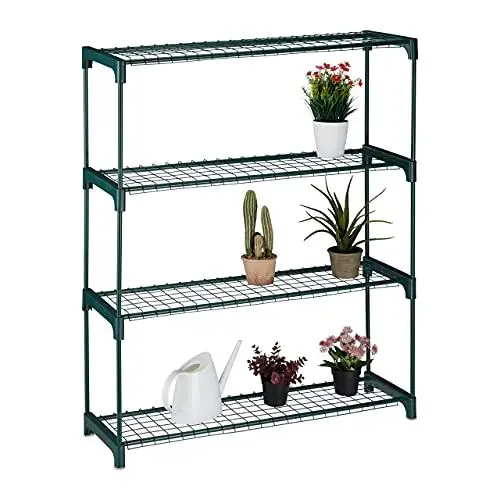 Produktbild: Relaxdays Pflanzenregal, 4 Ablagen, für Blumen- & Pflanzentöpfe, Indoor, Metall & Kunststoff, HBT 109x91x28,5 cm, grün