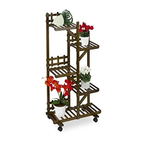 Produktbild: Relaxdays Pflanzenregal, Blumenständer mit 5 Ablagen, Bambus, HxBxT 130 x 62 x 36 cm, rollbar, Blumenregal innen, braun