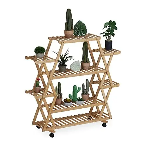 Produktbild: Relaxdays Pflanzenregal, Blumenständer mit 8 Ablagen, Bambus, HxBxT: 110x114x36 cm, rollbar, Blumenregal innen, Natur