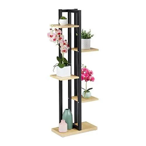 Produktbild: Relaxdays Pflanzenregal, Blumentreppe mit 5 Ablagen, HBT 117 x 43 x 22 cm, Stahl u. MDF, Blumenregal innen, Hellbraun