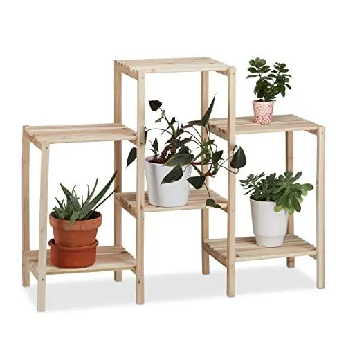 Produktbild: Relaxdays Pflanzenregal Holz, für Innen, stabil, rustikal, rostfrei, massiv, Blumenregal, HxBxT: 70 x 89 x 27 cm, natur