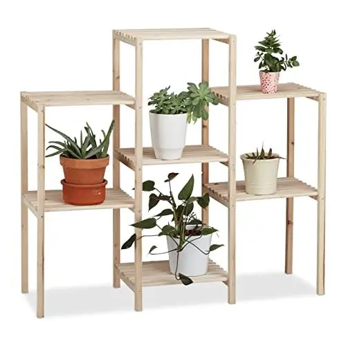 Produktbild: Relaxdays Pflanzenregal Holz, für Innen, stabil, rustikal, rostfrei, massiv, Blumenregal, HxBxT: 86 x 95 x 29 cm, natur