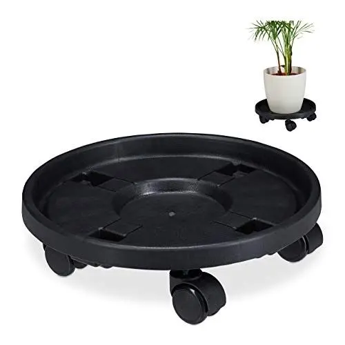 Produktbild: Relaxdays Pflanzenroller rund, 2er Set, Ø 35,5 cm, Blumentopfuntersetzer mit Rollen, Kunststoff, innen & außen, schwarz