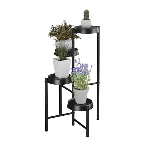 Produktbild: Relaxdays Pflanzenständer, 4 Ablagen, Metall & Kunststoff, HxBxT: 81 x 48 x 49 cm, Innenbereich, Blumenständer, schwarz