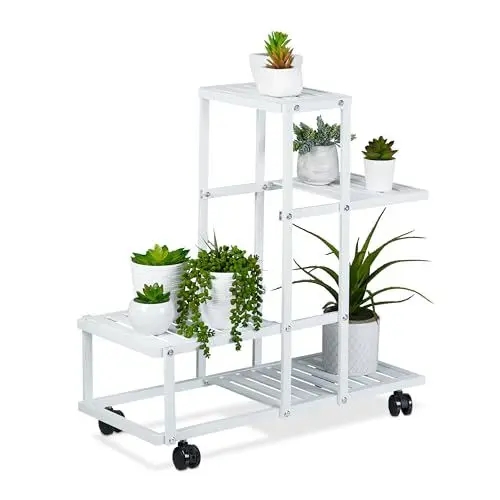 Produktbild: Relaxdays Pflanzenständer, 4 Ablagen, Pflanzentreppe für Blumen & Kräuter, Metall Blumenständer mit Rollen, Stahl, weiß