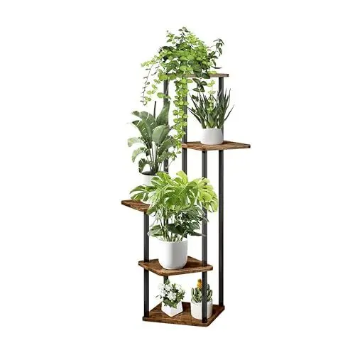 Produktbild: Relaxdays Pflanzenständer, 5 eckige Ebenen, HxBxT: 107 x 58 x 58 cm, Indoor Pflanzenregal, Industrial, schwarz/braun