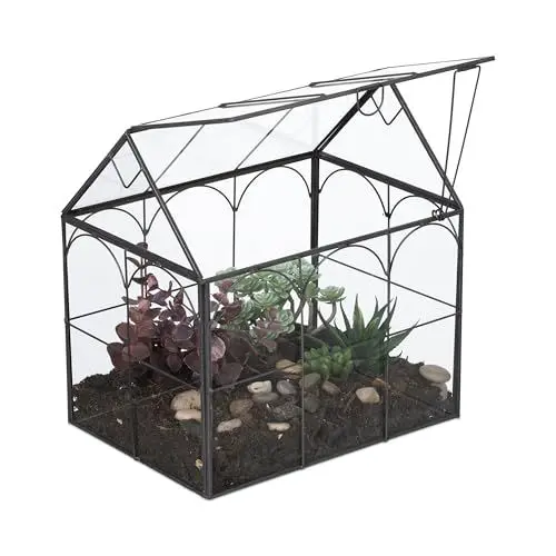Produktbild: Relaxdays Pflanzenterrarium, Glas & Zinn, Deko Glashaus für Kakteen & Moos, Glaskasten für Fensterbank, schwarz