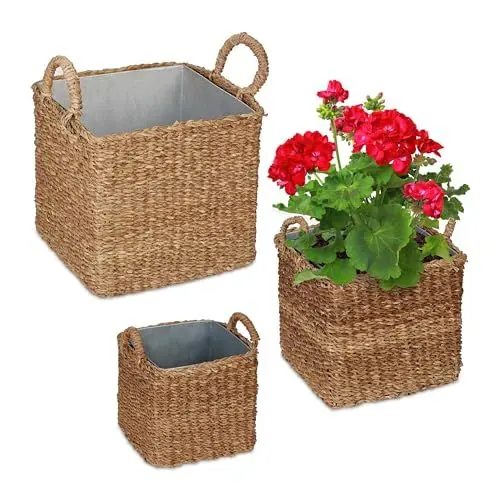 Produktbild: Relaxdays Plant Basket with zinc Tray, Set of 3 Pflanzkorb mit Zinkwanne 3er Set, Verschiedene Größen, Pflanzgefäß Seegras, Garten, Balkon, Kübel eckig, Natur, 70% Pflanzenfaser, 30% Metall