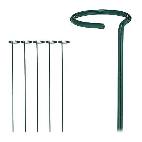 Produktbild: Relaxdays Pflanzstäbe Metall, 6er Set, Rankstäbe mit Ring, Metallstäbe Garten, Rankhilfe Stäbe, 60 cm lang, dunkelgrün, Stahl