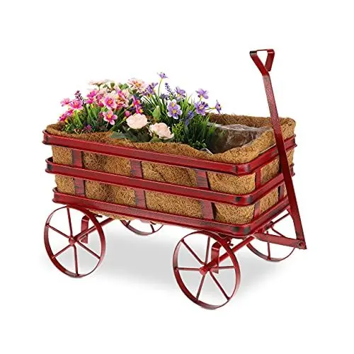 Produktbild: Relaxdays Pflanzwagen, Garten Deko, Shabby Blumenkarre, Kokos Einlage, Pflanzschale, Stahl, HBT 42,5 x 46,5 x 26 cm, rot