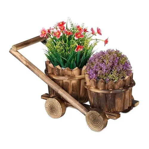 Produktbild: Relaxdays Pflanzwagen mit 2 Blumentöpfen, Blumenwagen zum Bepflanzen, HBT: 19x17,5x37 cm, Pflanzkarre aus Holz, braun