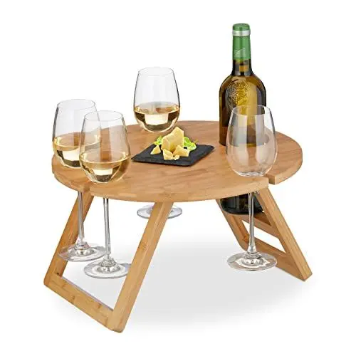 Produktbild: Relaxdays Picknick Weintisch, klappbar, HxD: 22x39cm, Getränkehalter 4 Weingläser & 1 Flasche, Bambus Weintablett, Natur