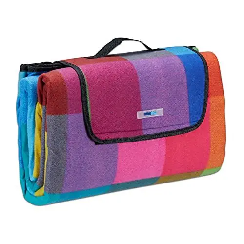 Produktbild: Relaxdays Picknickdecke XXL, 200 x 200 cm, Fleece Stranddecke, wärmeisoliert, wasserdicht, mit Tragegriff, bunt kariert, schwarz-rot