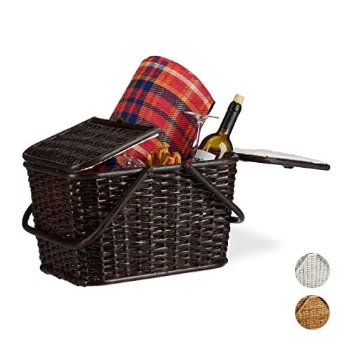 Produktbild: Relaxdays Picknickkorb mit Deckel, geflochten, Stoffbezug, Henkel, großer Tragekorb, handgefertigt, Rattan, Schokobraun