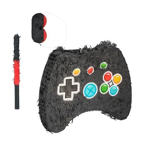 Produktbild: Relaxdays Pinata Set, 3-TLG, Controller, zum Aufhängen, Kinder, Mädchen und Jungs, mit Stab & Maske, unbefüllt, bunt
