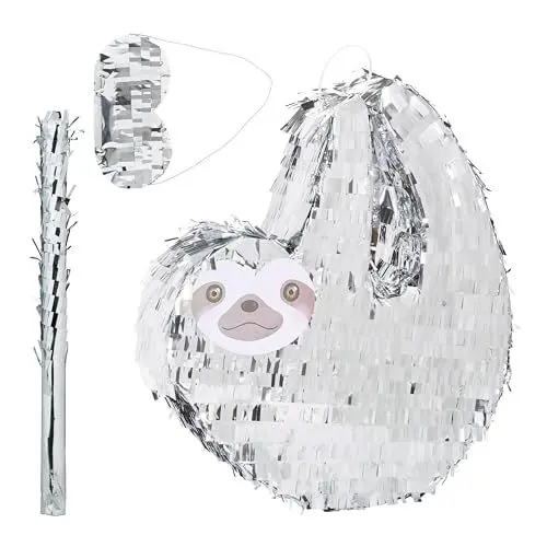 Produktbild: Relaxdays Pinata Set, 3tlg., Faultier-Form, zum Aufhängen, Kinder, Mädchen & Jungs, mit Stab & Maske, unbefüllt, silber