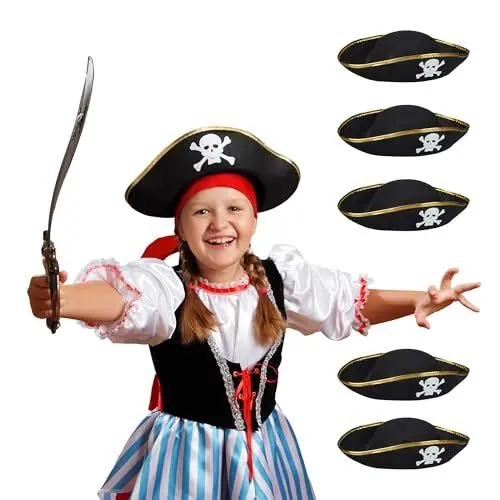 Produktbild: Relaxdays Piratenhut, 6er Set, für Kinder, Fasching & Karneval, Dreispitz Hut, Piratenkostüm Accessoire, schwarz/Gold