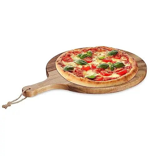 Produktbild: Relaxdays Pizzabrett, rundes Schneidebrett aus Akazienholz, Ø 35,5 cm, Pizzateller mit Griff, Käsebrett, Natur