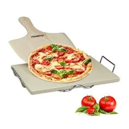 Produktbild: Relaxdays Pizzastein Set 1,5 cm Stärke mit Metallhalter und Pizzaschieber aus Holz HBT 1.5 x 38 x 30 cm rechteckiger Brotbackstein für Pizza und Flammkuchen mit Pizzaschaufel für Pizzaofen, natur