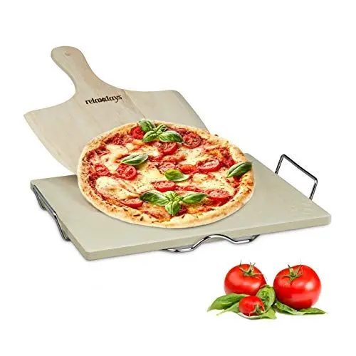 Produktbild: Relaxdays Pizzastein Set 1,5 cm Stärke mit Metallhalter und Pizzaschieber aus Holz HBT 1.5 x 38 x 30 cm rechteckiger Brotbackstein für Pizza und Flammkuchen mit Pizzaschaufel für Pizzaofen, natur
