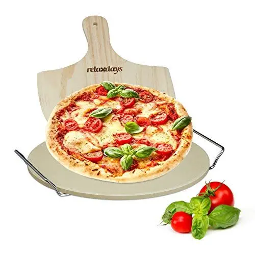 Produktbild: Relaxdays Pizzastein Set 1 cm Stärke mit Metallhalter und Pizzaschieber aus Holz HBT 4 x 32 x 32 cm runder Brotbackstein für Pizza und Flammkuchen mit Pizzaschaufel für Pizzaofen, natur