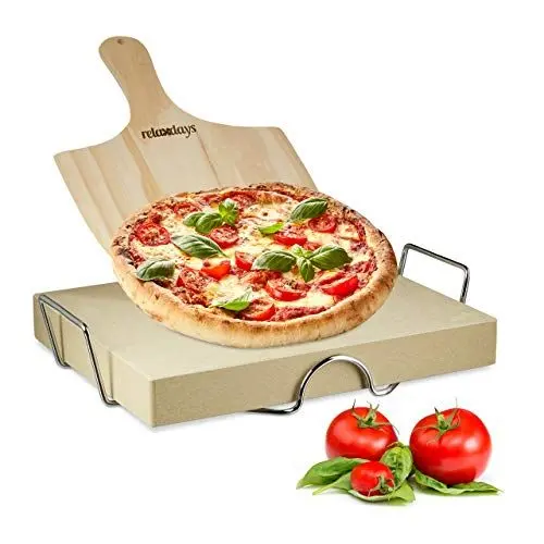 Produktbild: Relaxdays Pizzastein Set 5 cm Stärke mit Metallhalter und Pizzaschieber aus Holz HWD: 5x38x30cm rechteckiger Brotbackstein für Pizza und Flammkuchen mit Pizzaschaufel für Pizzaofen, natur